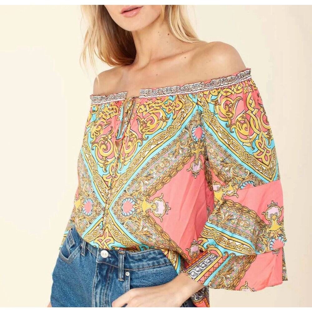 Hale Bob Shirt Top Sz S Small Women’s Off The Shoulder Coral NWT Y2K Flutter